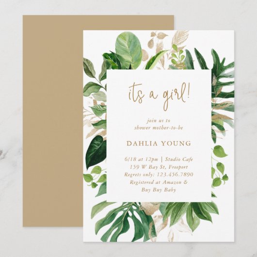Invitation Verdure Gold Geometry Girl Baby shower tropical (Devant / Derrière)