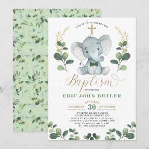 Invitation Verdure Gold Little Man Elephant Bowtie Baptême