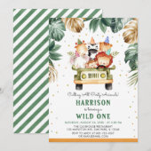 Invitation Verdure Gold Wild One Safari Animaux 1er anniversa (Devant / Derrière)