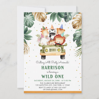 Invitation Verdure Gold Wild One Safari Animaux 1er anniversa