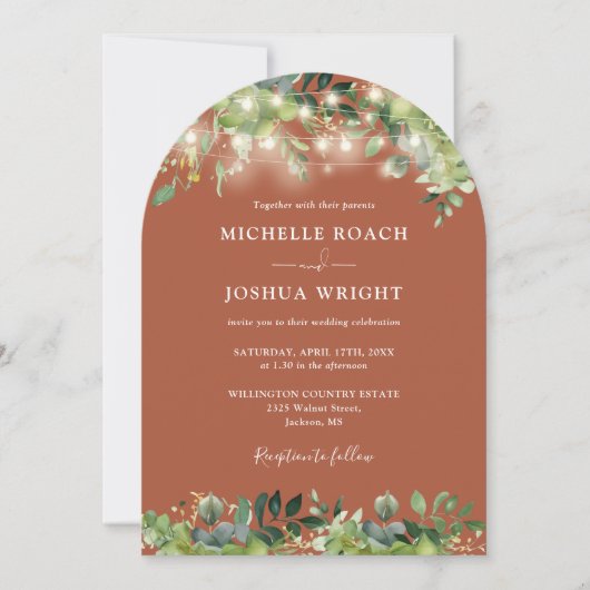 Invitation Verdure Lumières Arch Terracotta QR Code Mariage (Devant)