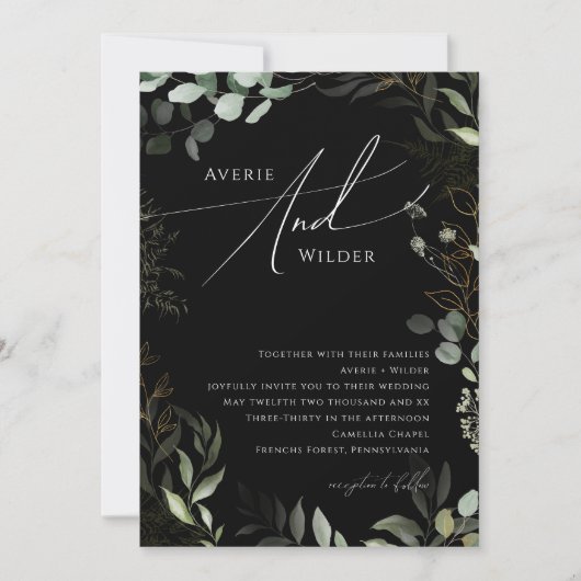 Invitation Verdure lunaire Mariage de couronne noir et or (Devant)