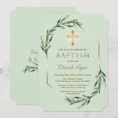 Invitation Verdure luxuriante Croix d'or Boy Baptême garçon (Devant / Derrière)