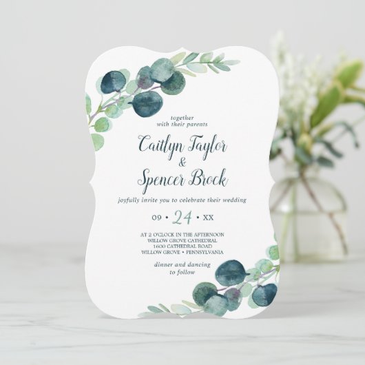 Invitation Verdure luxuriante et Mariage Décontracté Eucalypt (Debout devant)