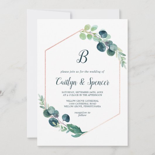 Invitation Verdure luxuriante Rose or Mariage Monogramme géom (Devant)