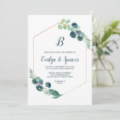 Invitation Verdure luxuriante Rose or Mariage Monogramme géom (Debout devant)