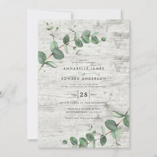 Invitation Verdure mariage Eucalyptus bois botanique blanc (Devant)