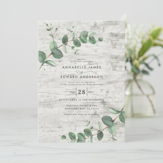 Invitation Verdure mariage Eucalyptus bois botanique blanc (Debout devant)