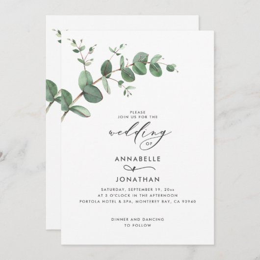 Invitation Verdure mariage Eucalyptus botanique moderne Invit (Devant / Derrière)