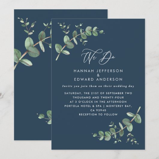 Invitation Verdure mariage Eucalyptus marine botanique bleu (Devant / Derrière)