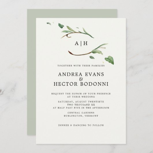 Invitation Verdure minimale Élégante Monogramme Mariage (Devant / Derrière)