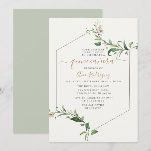 Invitation Verdure minimale et élégante Floral Quinceañera (Devant / Derrière)