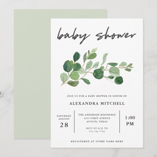 Invitation Verdure minimaliste | BABY SHOWER (Devant / Derrière)