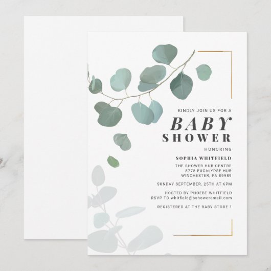Invitation Verdure moderne Baby shower botanique Eucalyptus (Devant / Derrière)