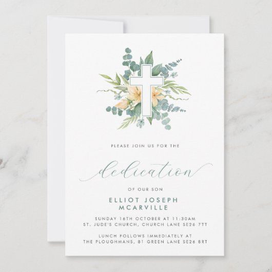 Invitation Verdure moderne Cross Script Baby Dedication (Devant)
