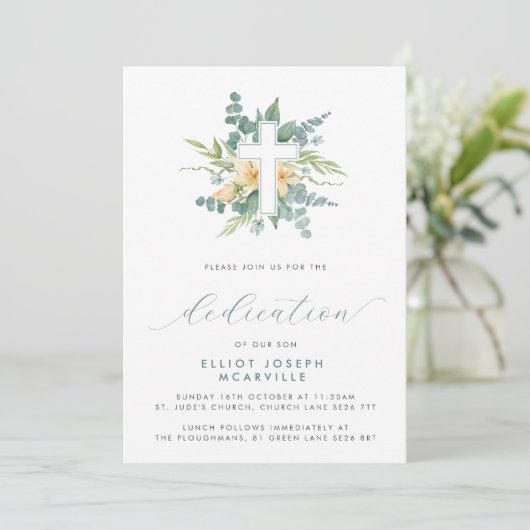Invitation Verdure moderne Cross Script Baby Dedication (Debout devant)