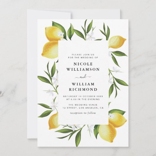 Invitation verdure moderne et aquarelle citrons mariage (Devant)