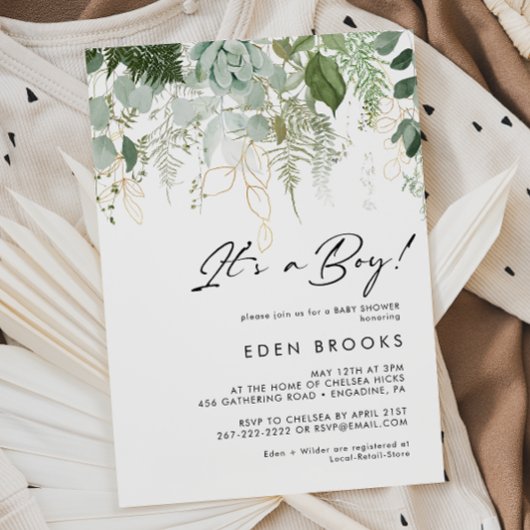 Invitation Verdure moderne et or C'est un Baby shower garçon