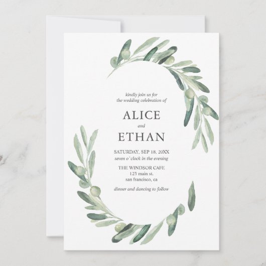 Invitation Verdure Olive Elégant Mariage botanique (Devant)