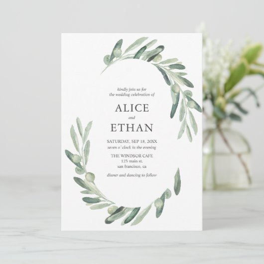 Invitation Verdure Olive Elégant Mariage botanique (Debout devant)