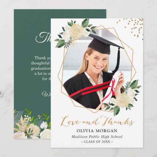 Invitation Verdure or Floral Graduation Merci photo (Devant / Derrière)