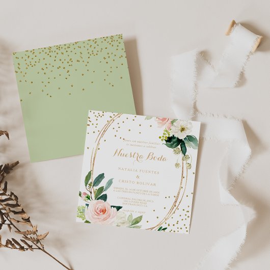 Invitation Verdure & Or Géométrique Élégant Mariage espagnol