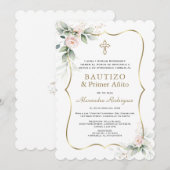 Invitation Verdure Rose Roses Espagnol 1er anniversaire Baptê (Devant / Derrière)