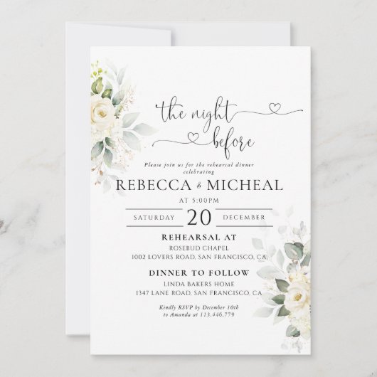 Invitation Verdure Roses Blanches La Nuit Avant L'Invitation (Devant)