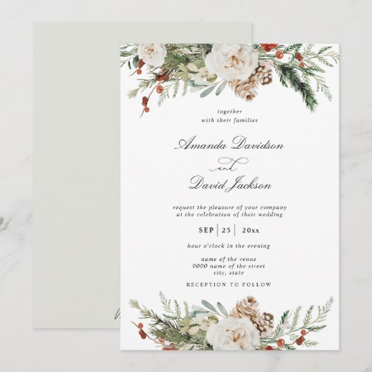 Invitation Verdure rustique Blanc Floral Rouge Berries Mariag (Devant / Derrière)