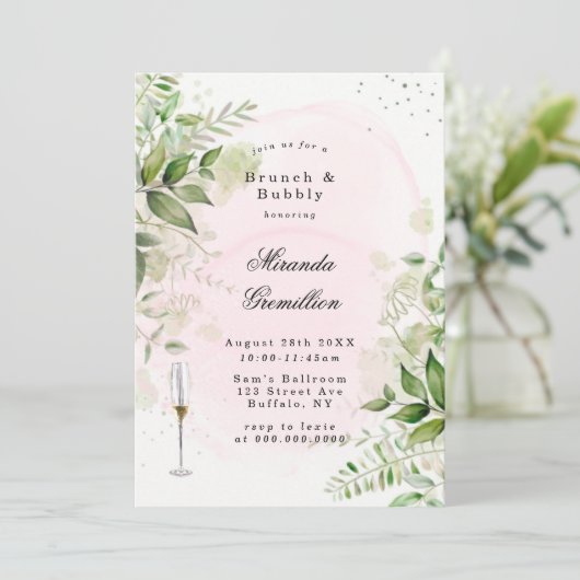 Invitation Verdure rustique Blush Pink Airy Brunch & Bubbly (Debout devant)
