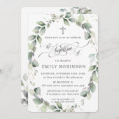 Invitation Verdure rustique Botanique Wreath Baptême d'argent (Devant / Derrière)