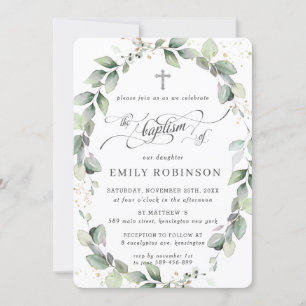 Invitation Verdure rustique Botanique Wreath Baptême d'argent