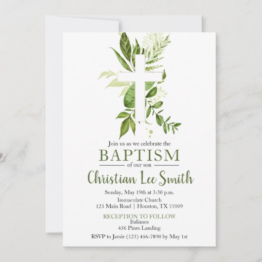 Invitation Verdure rustique Croix verte Boy Baptême garçon (Devant)