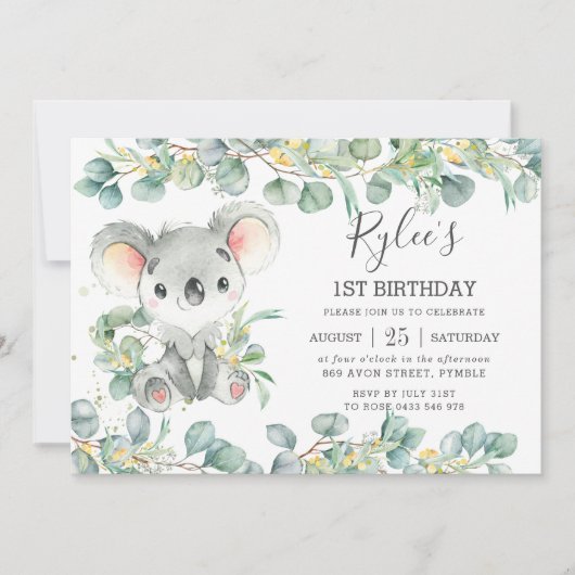 Invitation Verdure rustique Eucalyptus Cute Koala Anniversair (Devant)