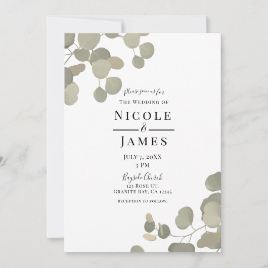 Invitation Verdure rustique Eucalyptus Élégant Mariage modern (Devant)