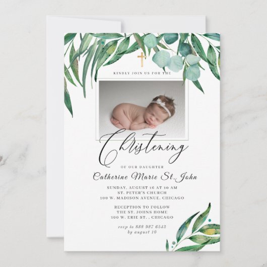 Invitation Verdure Rustique Eucalyptus Photo Christening (Devant)