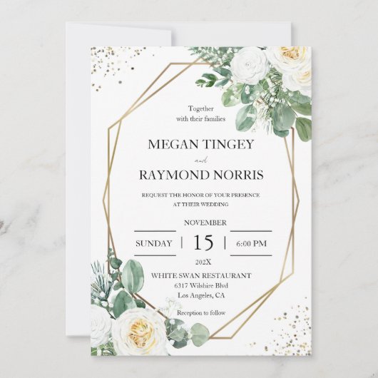Invitation Verdure rustique & Roses blanches Invit d'or géomé (Devant)