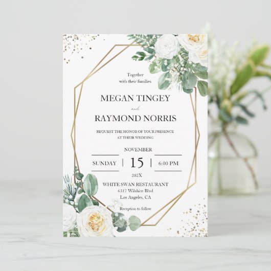 Invitation Verdure rustique & Roses blanches Invit d'or géomé (Debout devant)