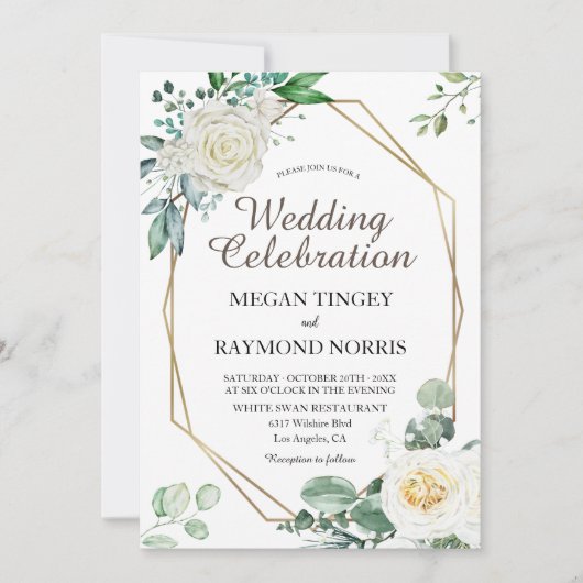 Invitation Verdure rustique & Roses blanches Mariage géométri (Devant)