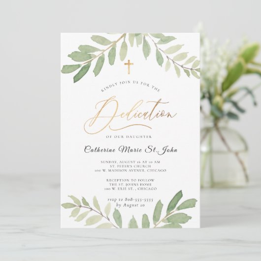 Invitation Verdure rustique Sage Green Faux Gold Dedication (Debout devant)