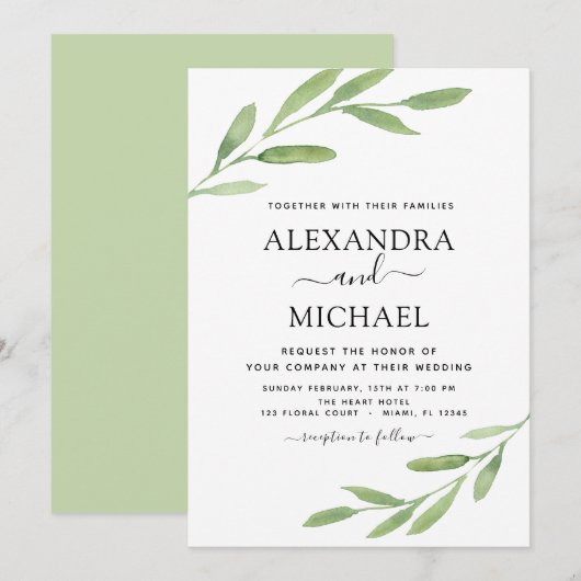 Invitation Verdure Rustique Simple Elégant Mariage d'aquarell (Devant / Derrière)