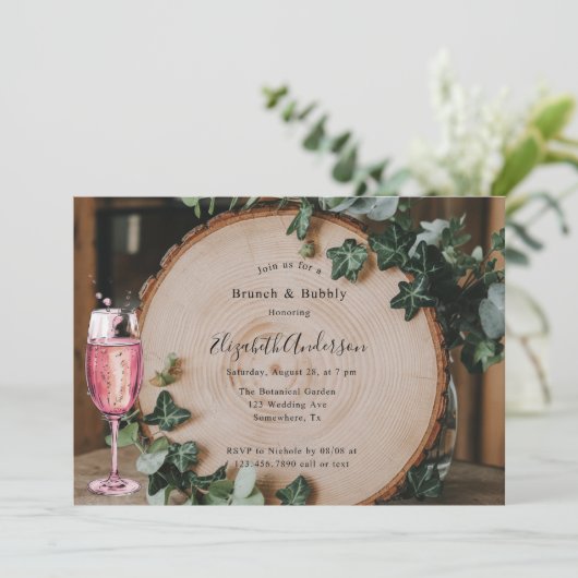 Invitation Verdure rustique & tranche de bois Brunch & Bubbly (Debout devant)