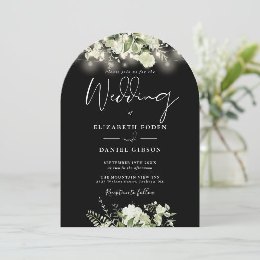 Invitation Verdure String Lights QR Code Photo Arch Mariage (Debout devant)