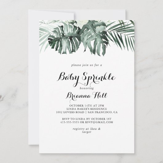 Invitation Verdure tropicale Blanc Floral Bébé Parsemé (Devant)