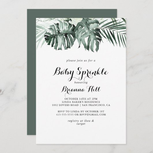 Invitation Verdure tropicale Blanc Floral Bébé Parsemé (Devant / Derrière)