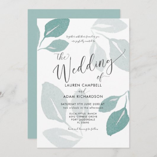 Invitation Verdure Turquoise Aquarelle Mariage de feuillage (Devant / Derrière)
