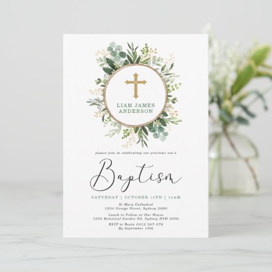 Invitation Verdure végétale minimale en or vert Baptême (Debout devant)