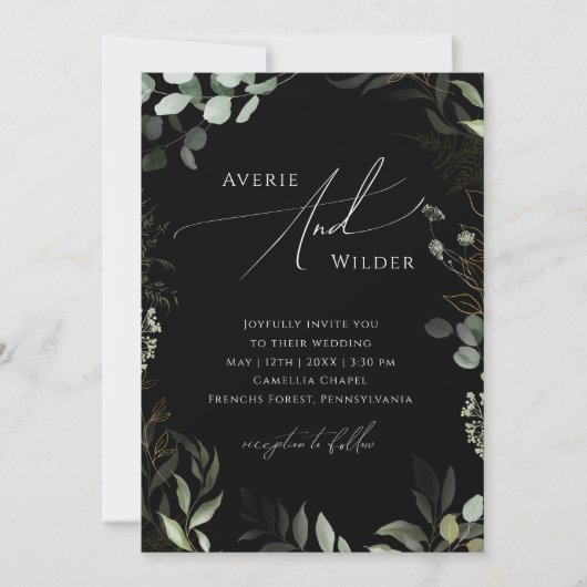 Invitation Verdure Whimsical Or noir Tout en un Mariage (Devant)