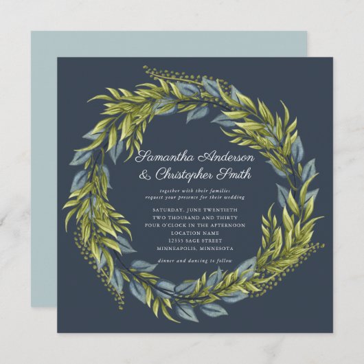 Invitation Verdure Wreath Aquarelle bleu foncé Turquoise Mari (Devant / Derrière)