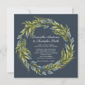 Invitation Verdure Wreath Aquarelle bleu foncé Turquoise Mari (Devant)